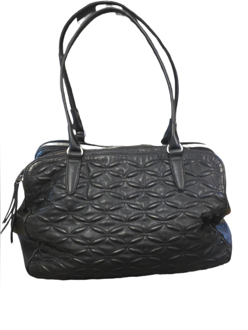 BLACK QUILTED Floral Genuine LEATHER Oversized Satchel/Crossbody SLOUCHY EUC